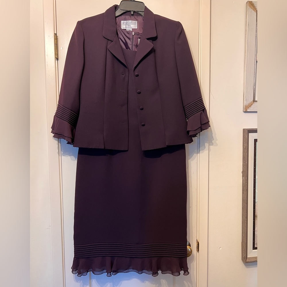 Jessica Howard PETITE Special Occasions Plum ruffle Dress Jacket Set sz 12P